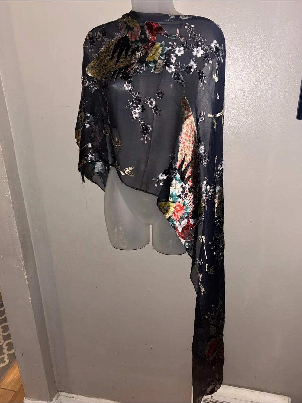 Asian Inspired Silk Scarf - sheer black w/all over print